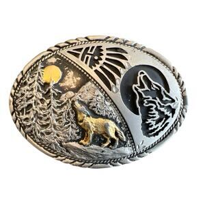 Vtg SSI western Buckle Wolf Howling At Moon Trucker Navajo Handcrafted USA